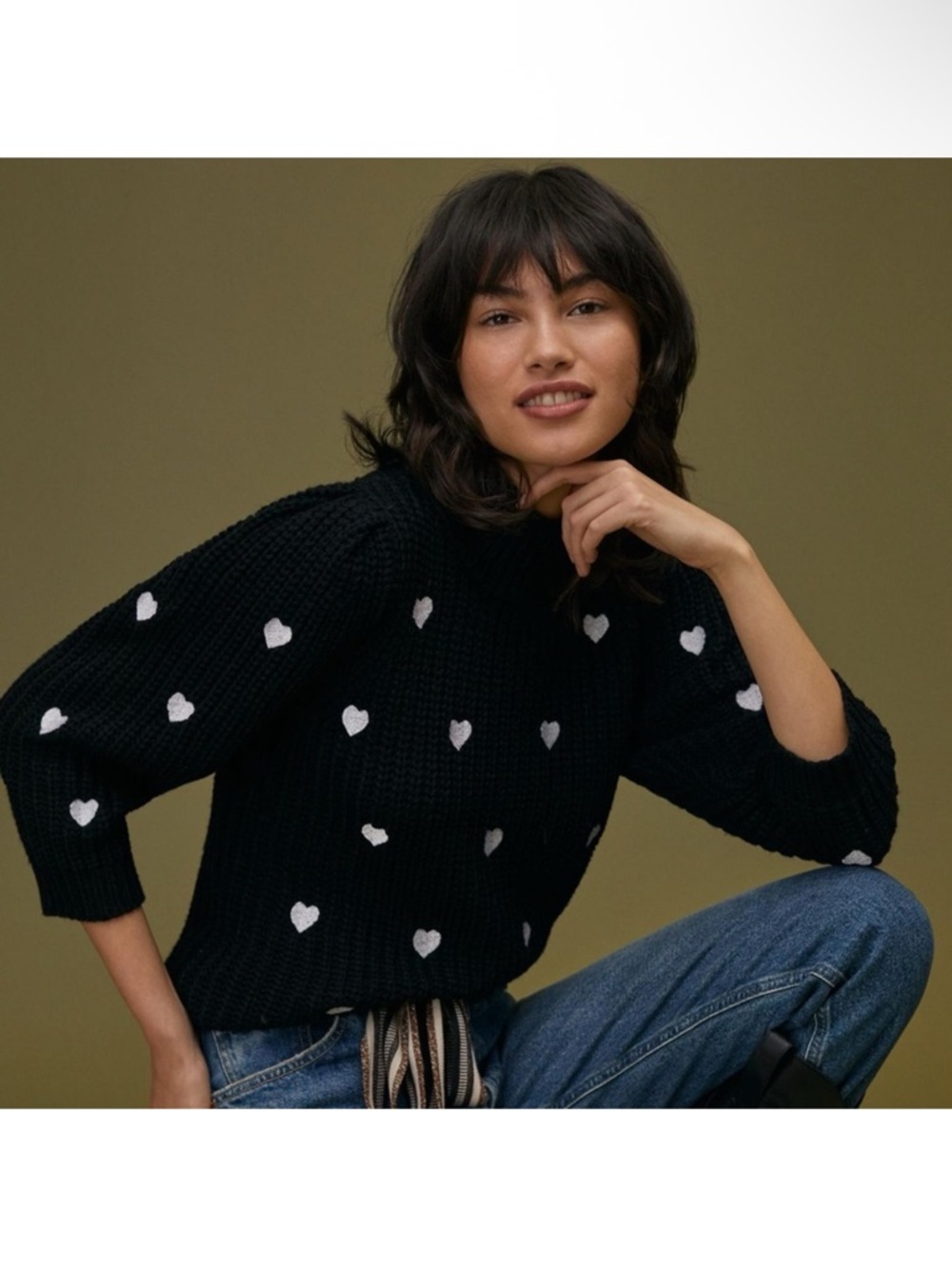 Anthropologie Heart Print Chunky Black Knit Mock Neck Sweater